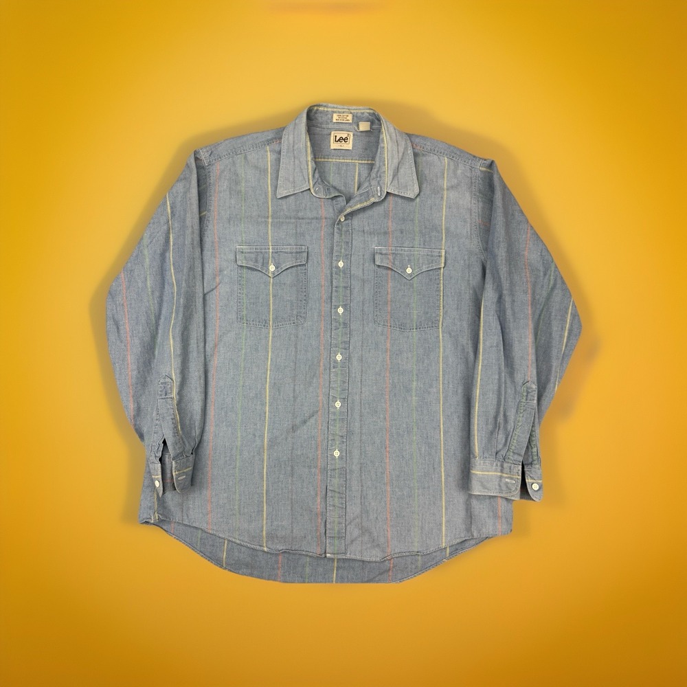 VTG 90s Lee Mens Western Chambray Shirt XL‎ Striped Snap Front Cowboy Workwear